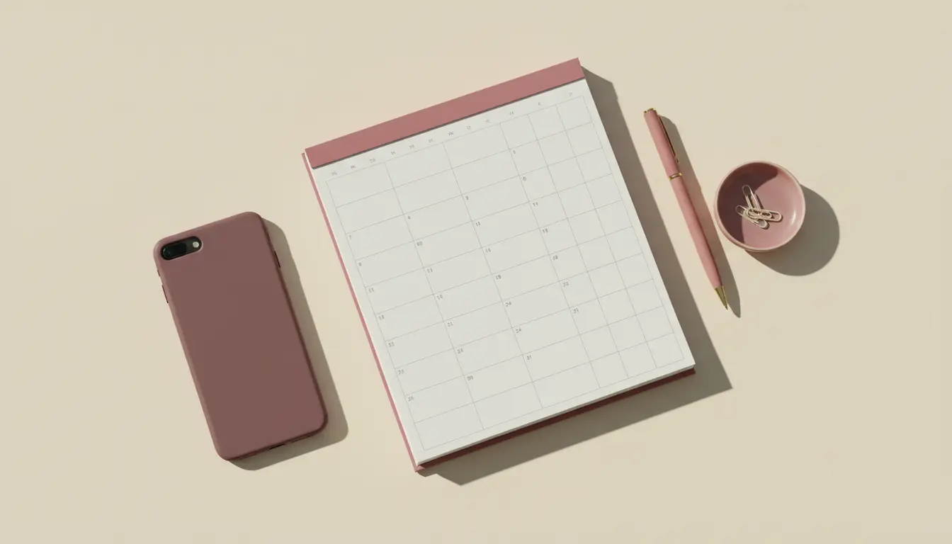 A calendar, smartphone and pen laid out for calculating a period date