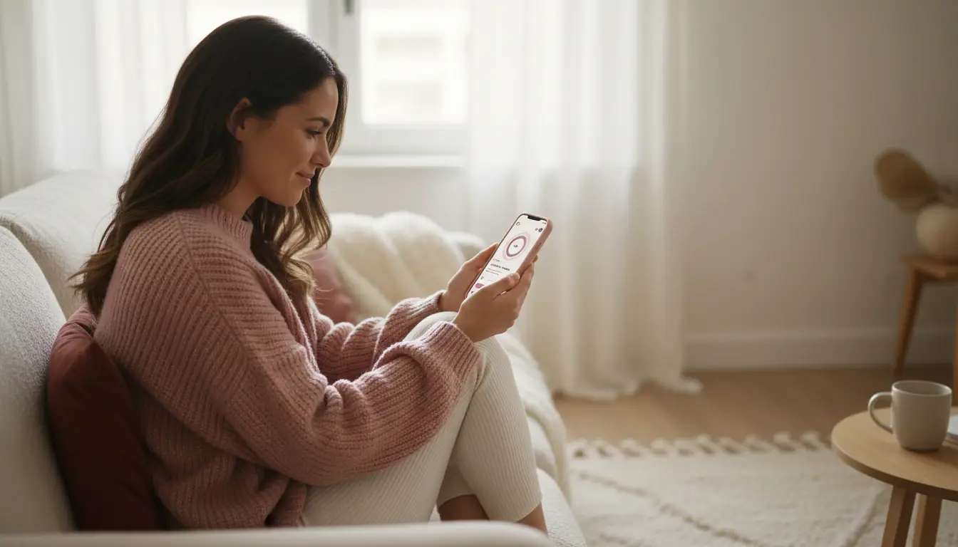 A calm woman checking a period tracker app on her smartphone in soft morning light