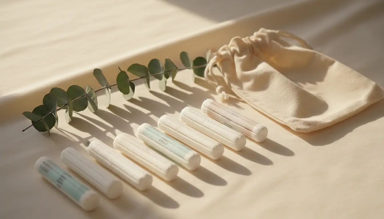 Tampons neatly arranged with a cotton pouch on a soft cream surface