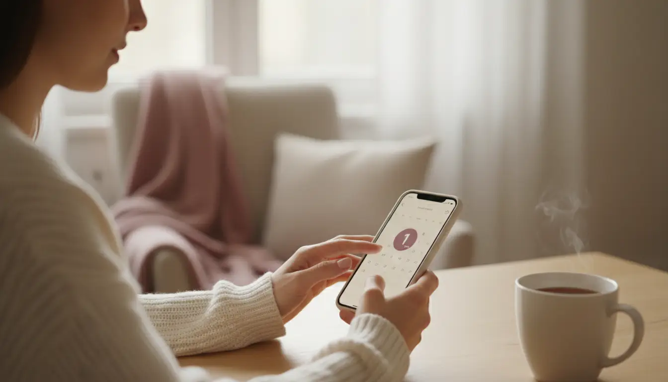 A woman marking the first day of her period on a calendar app in warm light